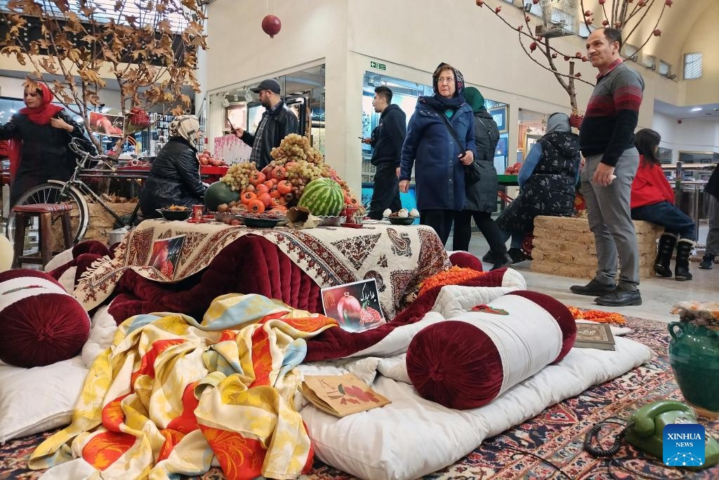 This photo taken on Dec. 20, 2024 shows decorations for Yalda Night at a shopping mall in Tehran, Iran. Yalda Night, which is one of the oldest traditions in Iran, is to celebrate with family the longest night of the year. (Xinhua/Shadati)