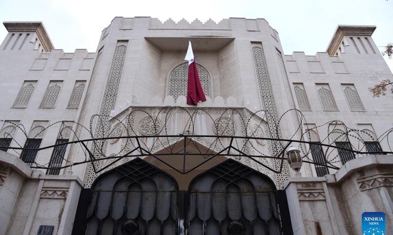 Qatari flag is seen hoisted at the Qatari embassy in Damascus, Syria, Dec. 21, 2024. Qatar officially reopened its embassy in the Syrian capital Damascus on Saturday, raising its national flag over the building for the first time in 13 years. (Photo by Monsef Memari/Xinhua)