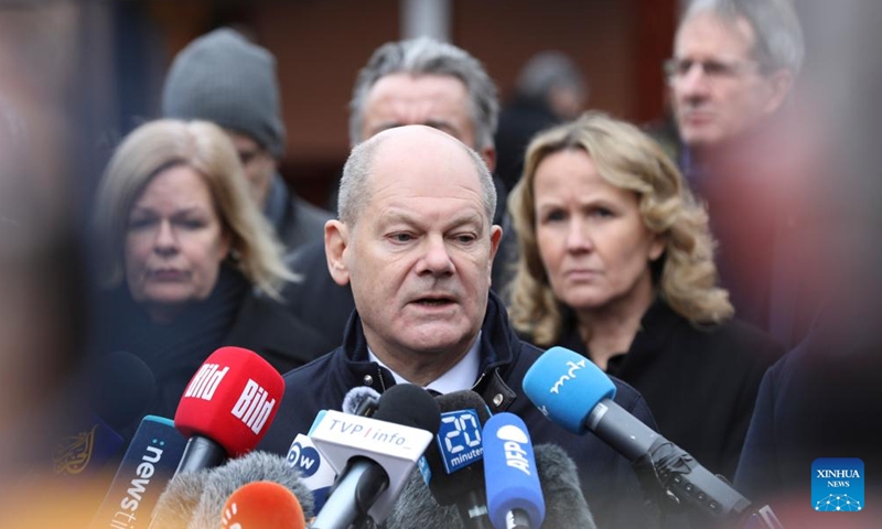 German Chancellor Olaf Scholz speaks to the press during a memorial ceremony in Magdeburg, Germany, Dec. 21, 2024. At least five people were killed and over 200 others injured after a car rammed into a large crowd at a German Christmas market in the central German city of Magdeburg Friday evening, German news agency dpa reported Saturday, citing State Premier Reiner Haseloff.

German Chancellor Olaf Scholz expressed deep concerns over the tragic incident at the scene, saying that nearly 40 of the injured are so seriously hurt that we must be very worried about them. (Xinhua/Du Zheyu)