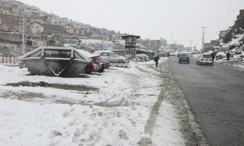 This photo taken on Jan. 4, 2025 shows a road amid snow in Kabul, capital of Afghanistan. Multiple highways in Afghanistan, including Salang, the main highway linking the country's national capital, Kabul, to nine northern provinces, were inaccessible to traffic due to heavy snowfalls, an official at the Ministry of Public Work said on Friday. Since Thursday morning, 27 out of Afghanistan's 34 provinces have been experiencing heavy snowfalls, where the temperatures have decreased to around minus 15 degrees Celsius in some areas of the country. (Photo by Saifurahman Safi/Xinhua)