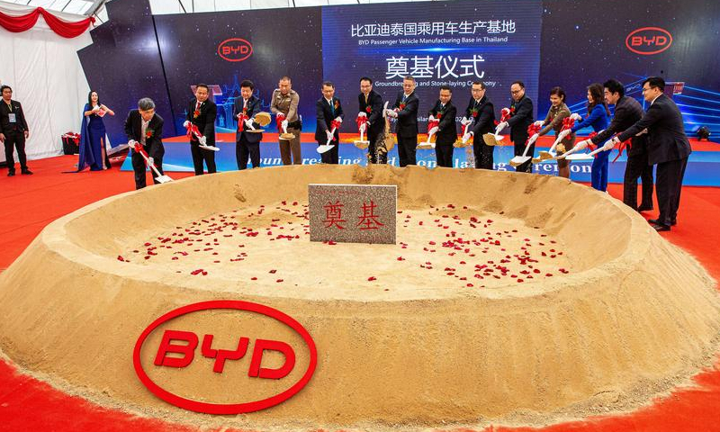 Participants attend the groundbreaking ceremony of BYD Passenger Vehicle Manufacturing Base in Thailand, in Rayong, Thailand, March 10, 2023. (Xinhua/Wang Teng)