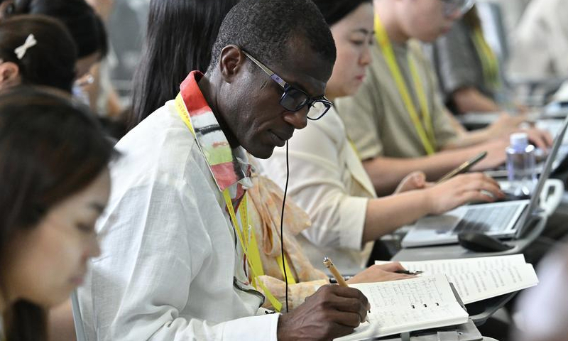 Journalists attend a press briefing of the 2024 Summit of the Forum on China-Africa Cooperation (FOCAC) in Beijing, capital of China, Sept. 2, 2024. (Xinhua/Li Xin)