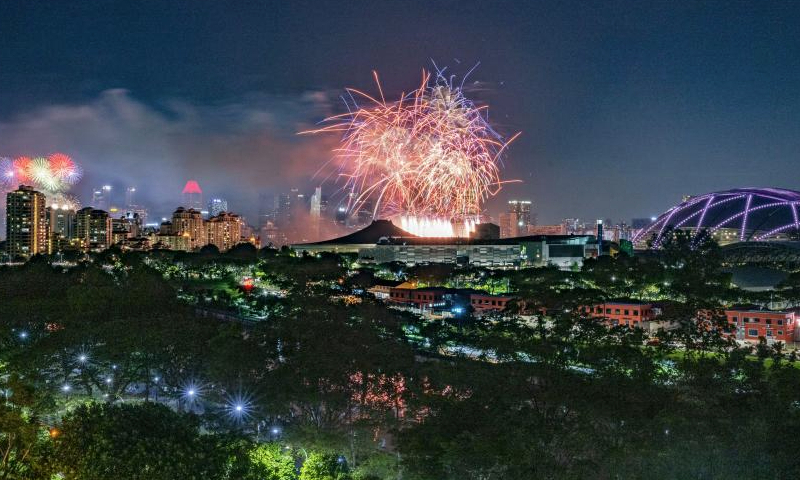 Fireworks explode over Marina Bay and Kallang Basin to celebrate the New Year in Singapore, on Jan. 1, 2025. (Photo by Then Chih Wey/Xinhua)