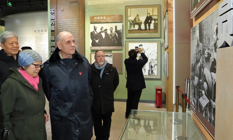 Michael Crook (3rd R), chairman of the International Committee for the Promotion of Chinese Industrial Cooperatives, visits the memorial hall of Canadian surgeon Norman Bethune in Shijiazhuang, north China's Hebei Province, Dec. 21, 2024. (The North China Military Martyrs Cemetery/Handout via Xinhua)