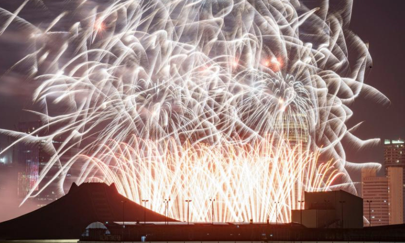 Fireworks explode over Kallang Basin to celebrate the New Year in Singapore, on Jan. 1, 2025. (Photo by Then Chih Wey/Xinhua)