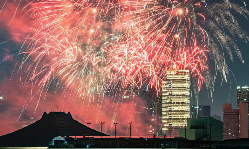 Fireworks explode over Kallang Basin to celebrate the New Year in Singapore, on Jan. 1, 2025. (Photo by Then Chih Wey/Xinhua)