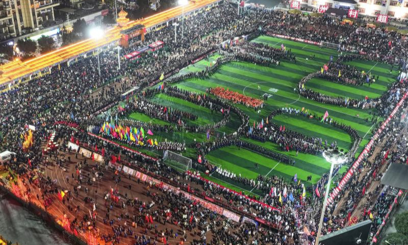 An aerial drone photo taken on Jan. 4, 2025 shows the opening ceremony of the Village Super League 2025 in Rongjiang County of southwest China's Guizhou Province. The Village Super League, an amateur football tournament dubbed Cun Chao by Chinese netizens, started its third season on Saturday. More than 3,000 players of 108 teams participate in the games this year. (Xinhua/Yang Wenbin)