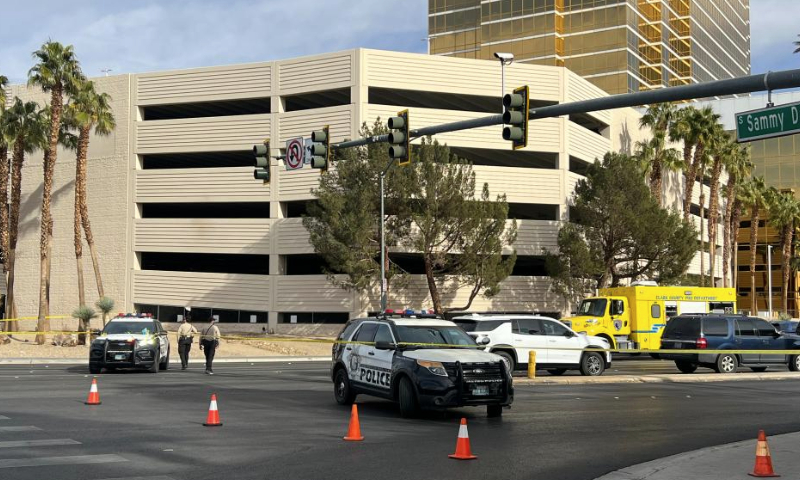 Police officers stand guard in an area sealed off outside the Trump International Hotel in Las Vegas, Nevada, the United States, on Jan. 1, 2025. One person was killed and seven others were injured on Wednesday after a Tesla Cybertruck explosion outside a Trump hotel in Las Vegas, local media reported, citing the police. (Xinhua/Tan Jingjing)