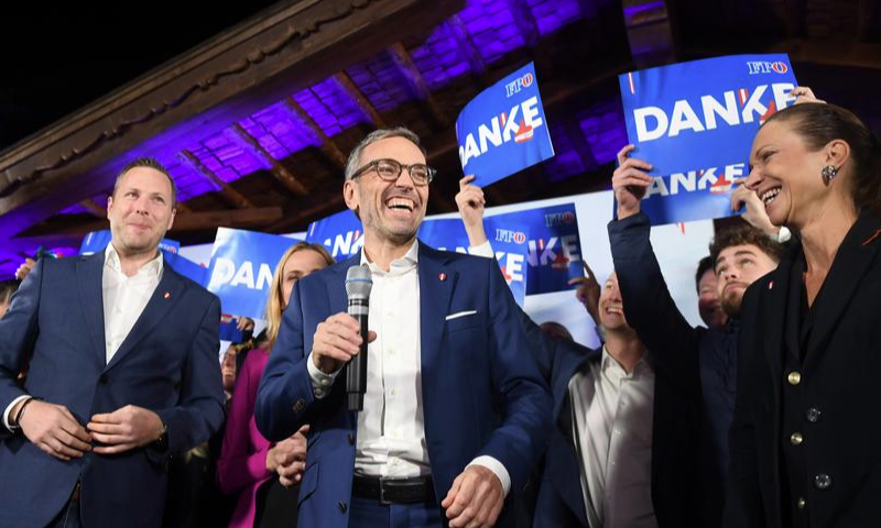 Leader of Austria's Freedom Party Herbert Kickl (C) celebrates with supporters in Vienna, Austria, Sept. 29, 2024. (Xinhua/He Canling)