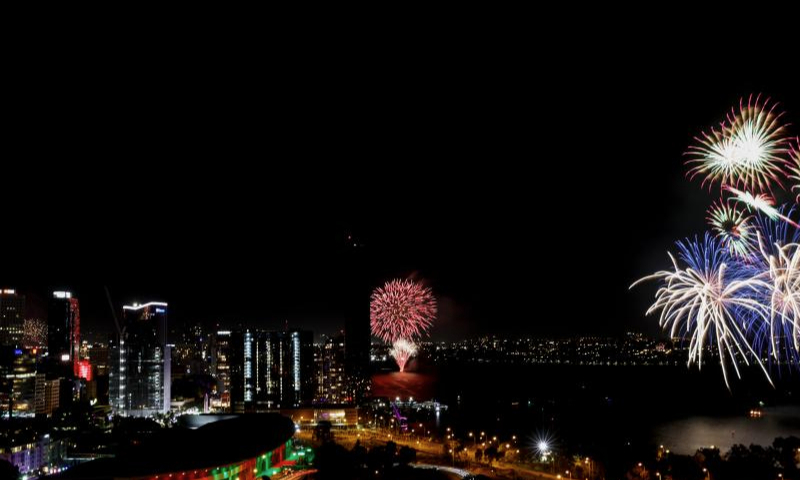 Fireworks explode to celebrate the New Year in Perth, Australia, on Jan. 1, 2025. (Xinhua/Ma Ping)