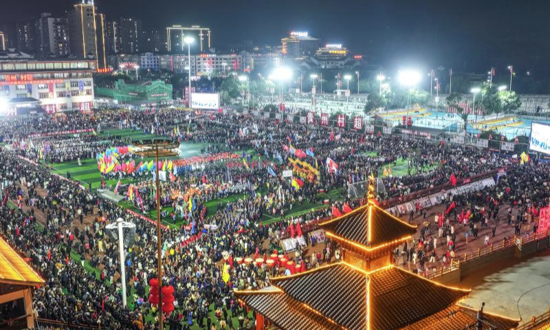 An aerial drone photo taken on Jan. 4, 2025 shows the opening ceremony of the Village Super League 2025 in Rongjiang County of southwest China's Guizhou Province. The Village Super League, an amateur football tournament dubbed Cun Chao by Chinese netizens, started its third season on Saturday. More than 3,000 players of 108 teams participate in the games this year. (Xinhua/Yang Wenbin)