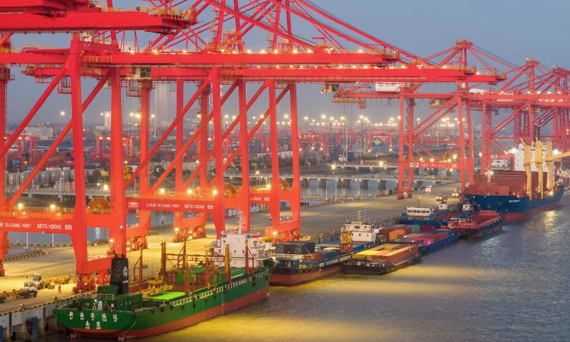 An aerial drone photo shows a view of Taicang port zone of Suzhou Port in east China's Jiangsu Province, Jan. 2, 2025. China's major ports are busy at the beginning of the new year. (Photo by Ji Haixin/Xinhua)