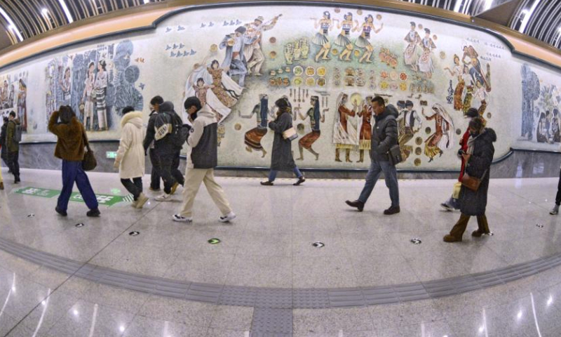 This photo taken on Jan. 4, 2025 shows murals at Niujie Station on Beijing Subway Line 19 in Beijing, capital of China. (Xinhua/Li Xin)