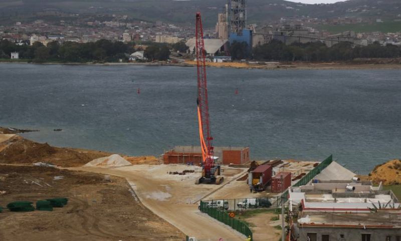 This photo shows the construction site of the new Bizerte bridge project in Bizerte, Tunisia, Dec. 20, 2024.(Xinhua/Huang Ling)