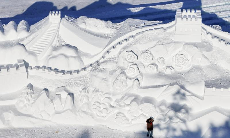 An aerial drone photo taken on Dec. 23, 2024 shows a giant snow sculpture at the 37th Sun Island International Snow Sculpture Expo in Harbin, northeast China's Heilongjiang Province. The 37th Sun Island International Snow Sculpture Expo began its trial operation here Monday. (Xinhua/Wang Song)