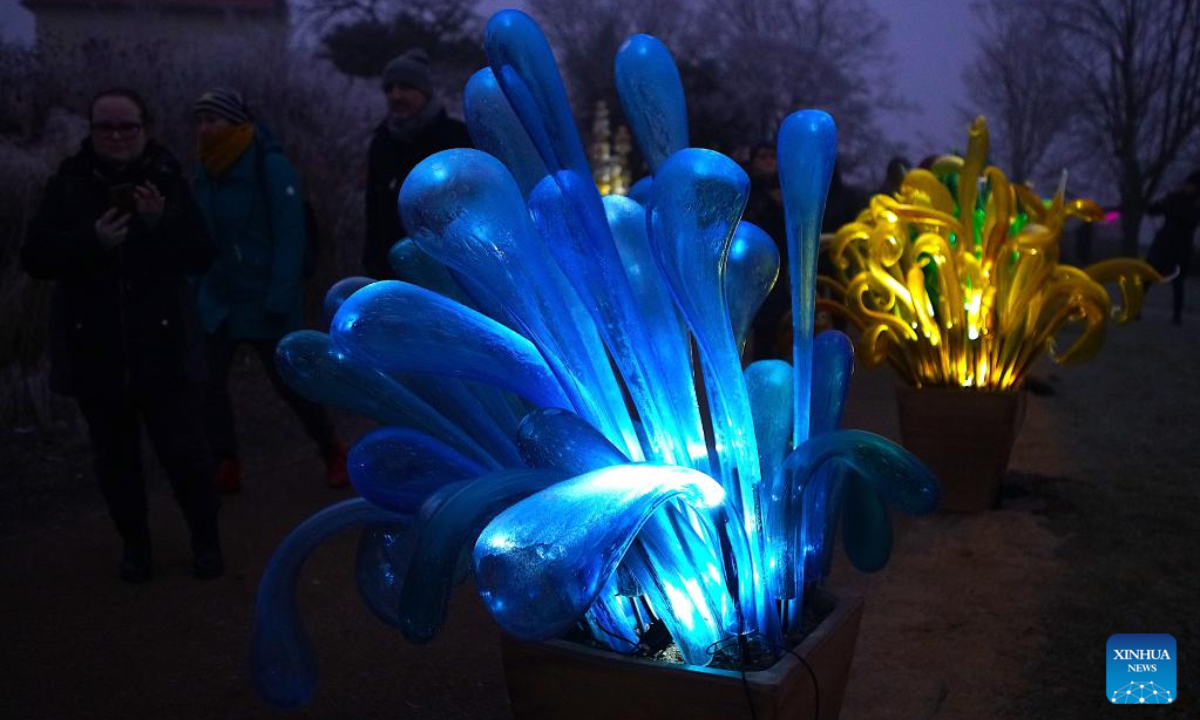 People view luminous glass flower installations during the exhibition of Crystal Garden - Light and Glass in Fantastic Installations at the Prague Botanical Garden in Prague, the Czech Republic, on Dec. 27, 2024. The exhibition, a harmonious blend of light and glass, will run until Feb. 2, 2025. (Photo: Xinhua)