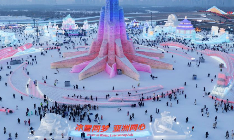 An aerial drone photo taken on Jan. 5, 2025 shows visitors having fun at the Harbin Ice-Snow World in Harbin, northeast China's Heilongjiang Province. The 41st Harbin International Ice and Snow Festival kicked off here on Sunday with the theme Dream of Winter, Love among Asia. (Xinhua/Xie Jianfei)