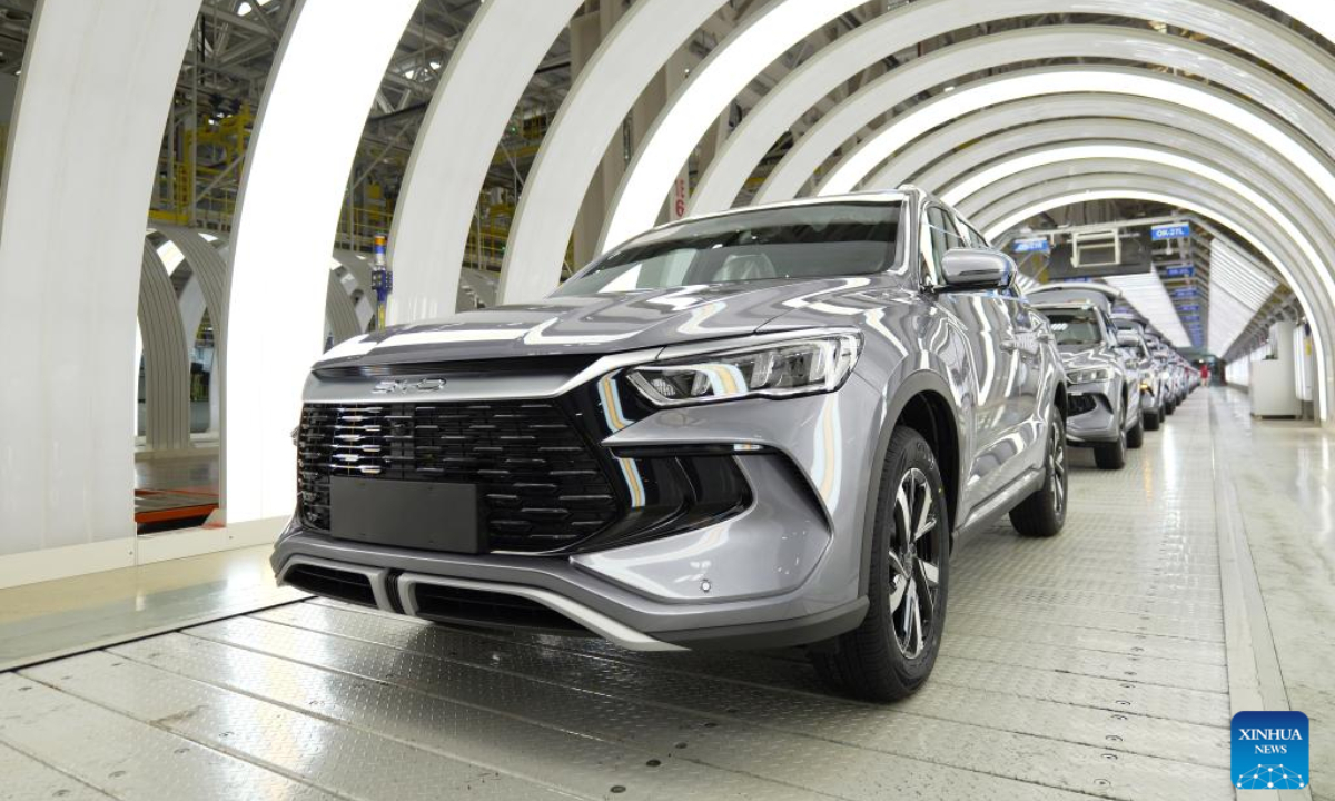 This photo taken on April 24, 2024 shows a new energy vehicle (NEV) assembly line of BYD, China's leading NEV manufacturer, at the plant of BYD in Zhengzhou, central China's Henan Province. Photo:Xinhua