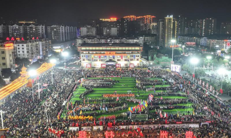 An aerial drone photo taken on Jan. 4, 2025 shows the opening ceremony of the Village Super League 2025 in Rongjiang County of southwest China's Guizhou Province. The Village Super League, an amateur football tournament dubbed Cun Chao by Chinese netizens, started its third season on Saturday. More than 3,000 players of 108 teams participate in the games this year. (Xinhua/Yang Wenbin)