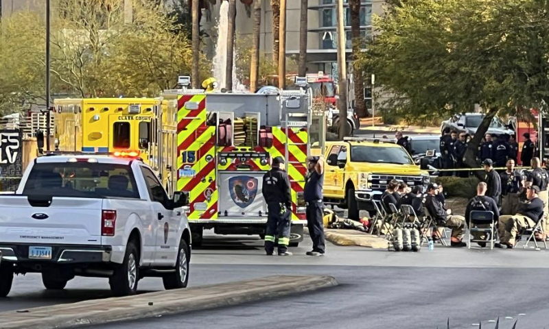 First responders are seen in an area sealed off outside the Trump International Hotel in Las Vegas, Nevada, the United States, on Jan. 1, 2025. One person was killed and seven others were injured on Wednesday after a Tesla Cybertruck explosion outside a Trump hotel in Las Vegas, local media reported, citing the police. (Xinhua/Tan Jingjing)