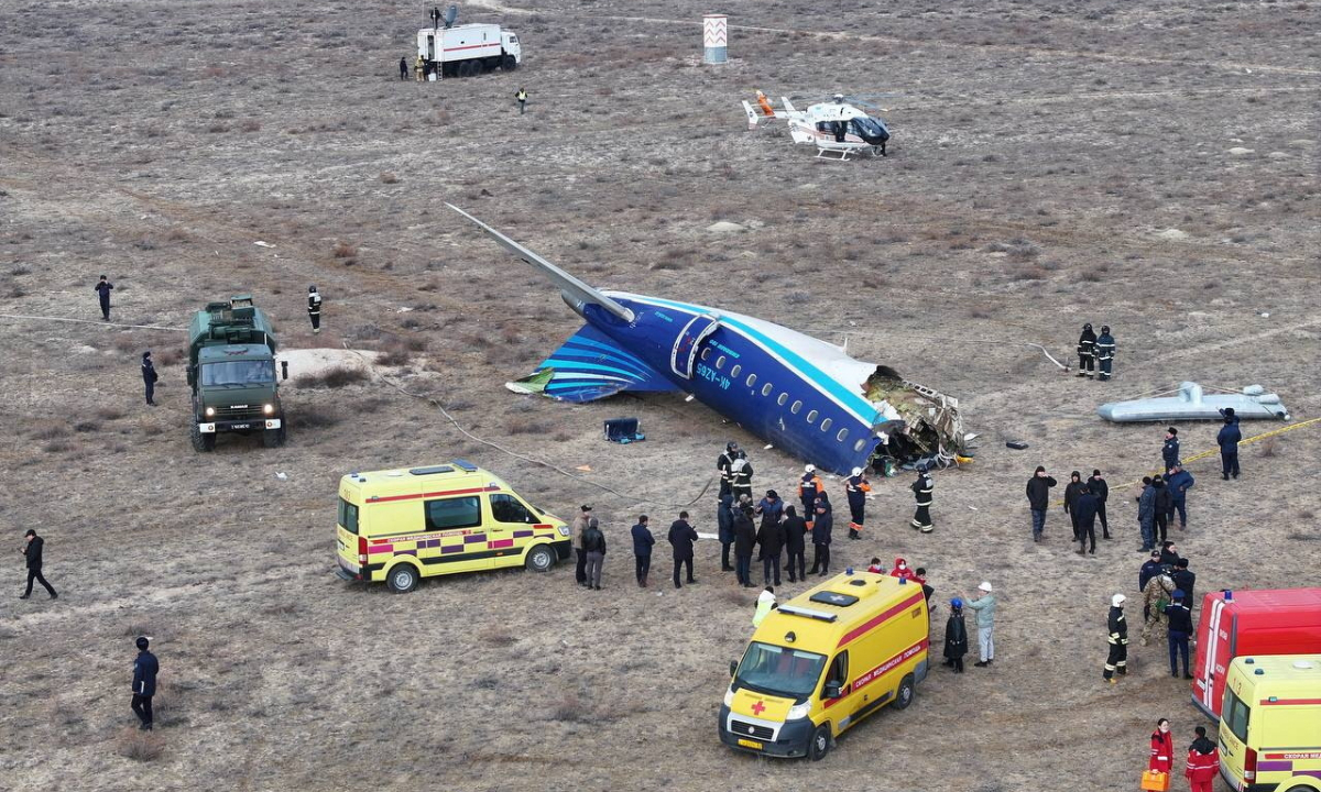 A drone view shows the crash site of an Azerbaijan Airlines passenger plane near the city of Aktau, Kazakhstan on December 25, 2024. Photo: IC