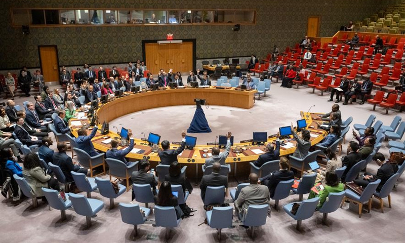 Representatives vote on a draft resolution during a UN Security Council meeting at the UN headquarters in New York, on Sept. 30, 2024. (Manuel Elias/UN Photo/Handout via Xinhua)