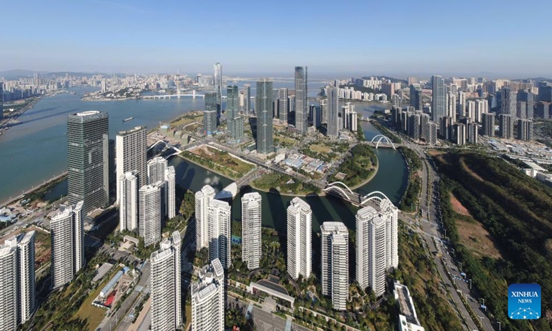 An aerial drone photo taken on Nov. 26, 2024 shows a view of the financial island in Hengqin, Zhuhai City, south China's Guangdong Province. (Xinhua/Deng Hua)