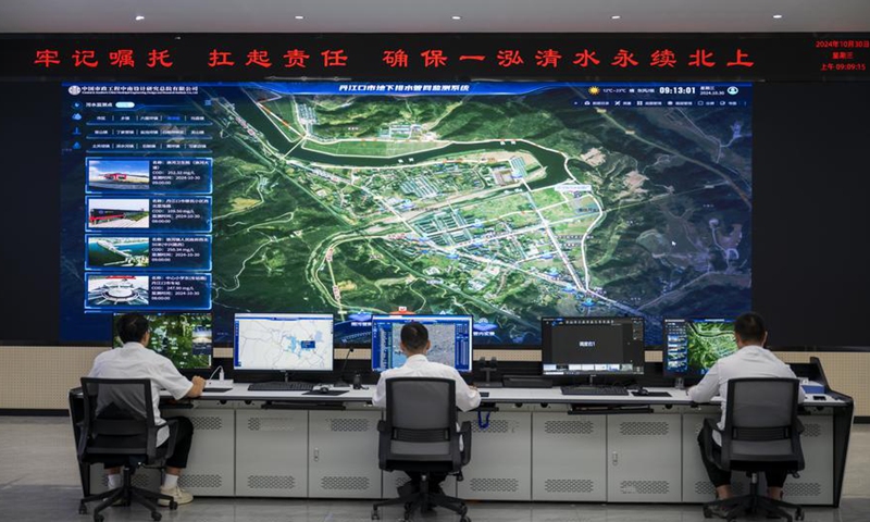 Staff members work at the Danjiangkou water-quality safety center in Danjiangkou City, central China's Hubei Province, Oct. 30, 2024. (Xinhua/Wu Zhizun)