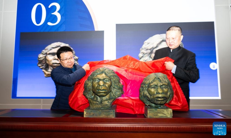 The restored statues of a pair of fossil human skulls dating back to one million years ago are unveiled at the Hubei Provincial Museum in Wuhan, central China's Hubei Province, on Dec. 26, 2024. 