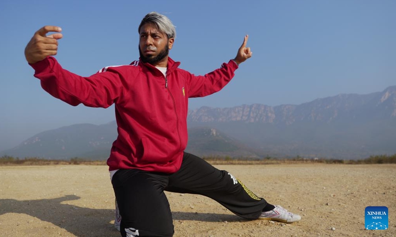 Mohammad Ullah practices drunken fist at Shaolin Epo Martial Arts School in Dengfeng, central China's Henan Province, Oct. 29, 2024. (Xinhua/Li Jianan)