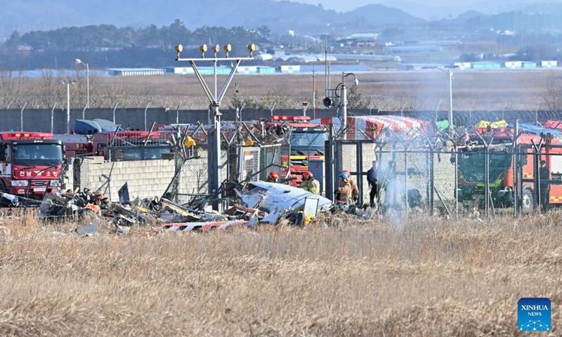 This photo shows the site of an airplane crash at an airport in Muan, southwest South Korea, on Dec. 29, 2024. All the 181 people aboard a South Korean airplane that crashed on Sunday at the country's southwestern airport were believed to have been killed except two rescued, multiple media outlets said citing the fire authorities. (NEWSIS via Xinhua)