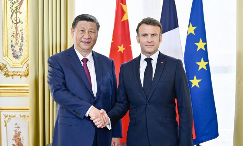 Chinese President Xi Jinping and his French counterpart, Emmanuel Macron, hold talks at Elysee Palace in Paris, France, May 6, 2024. (Xinhua/Yin Bogu)