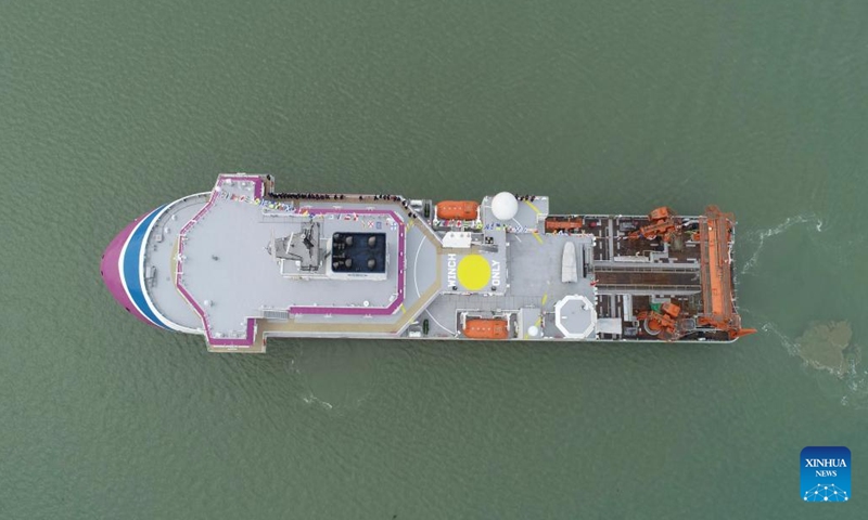 An aerial drone photo taken on Dec. 29, 2024 shows the multi-purpose deep-sea scientific exploration and archaeological vessel, Tan Suo San Hao, or Exploration No. 3. 