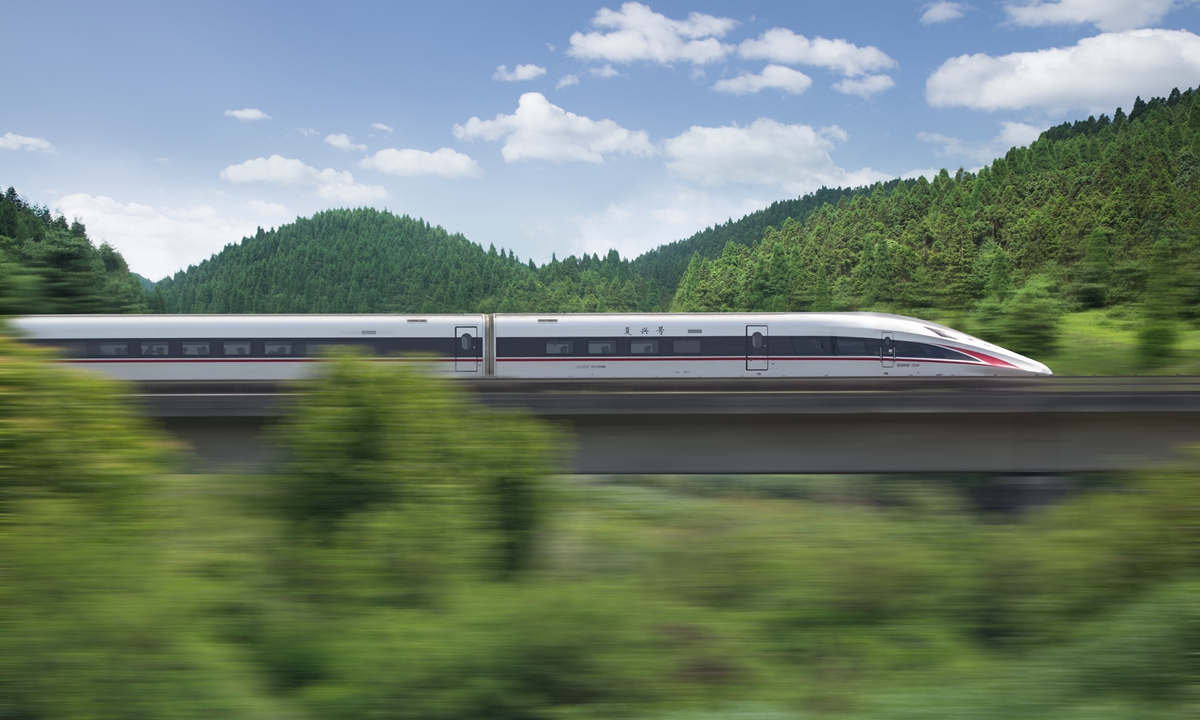 A high-speed train passes through a forest. Photo: VCG