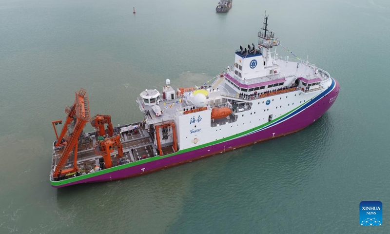 An aerial drone photo taken on Dec. 29, 2024 shows the multi-purpose deep-sea scientific exploration and archaeological vessel, Tan Suo San Hao, or Exploration No. 3.