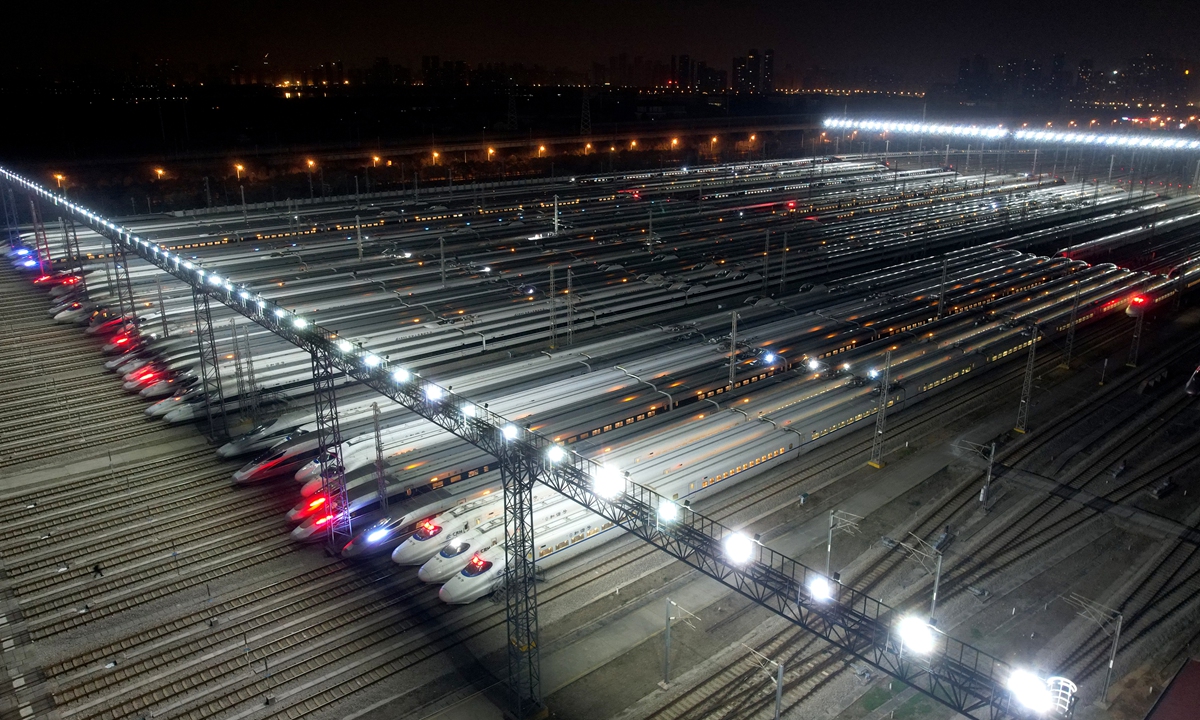 Bullet trains wait on storage tracks as part of preparations for the Spring Festival travel rush in Wuhan, Hubei Province, on January 25, 2024. Photo: VCG