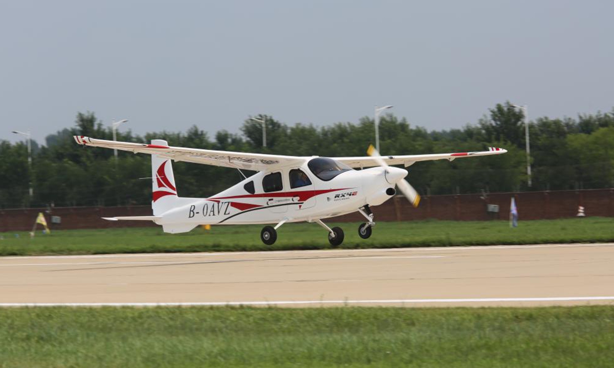 The RX4E Rui Xiang aircraft. The Civil Aviation Administration of China (CAAC) said that the RX4E Rui Xiang, a four-seat electric aircraft independently developed by Liaoning General Aviation Academy of Shenyang Aerospace University, has been granted a type certificate, Xinhua News Agency reported on January 2.The aircraft is China's first normal-category aircraft powered by electric batteries to receive official type certification from CAAC. (Photo: Xinhua)