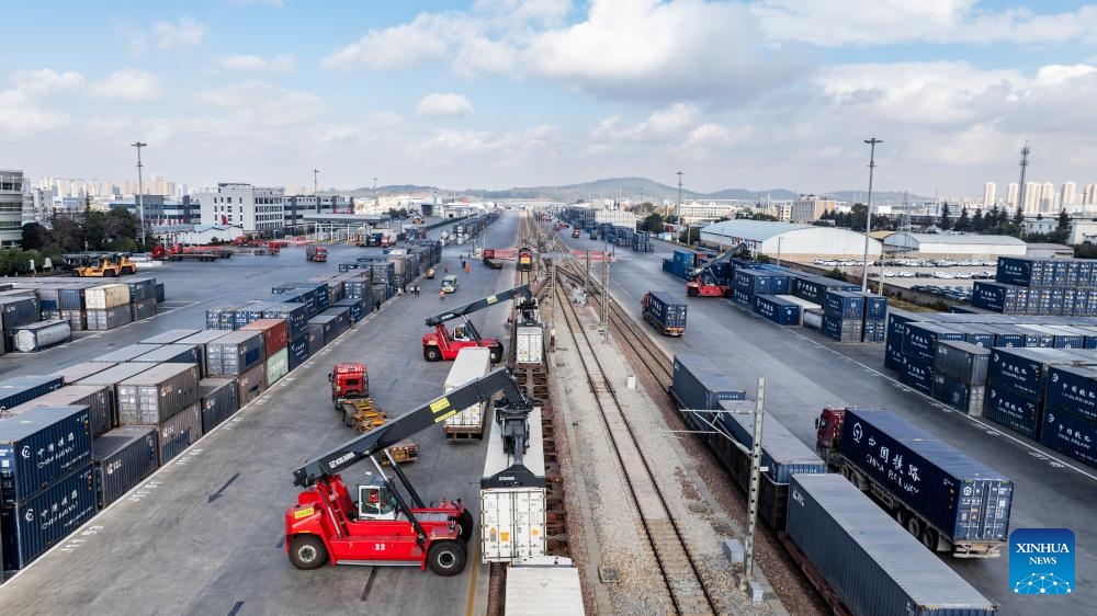 An international cargo train of China-Laos Railway is pictured at Wangjiaying West Station in Kunming, southwest China's Yunnan Province, on Jan. 2, 2025. Since the full operation of the China-Laos Railway on Dec. 3, 2021, the total cargo throughput of the railway has exceeded 50 million tons, including 11.58 million tons of cross-border goods. (Xinhua/Hu Chao)