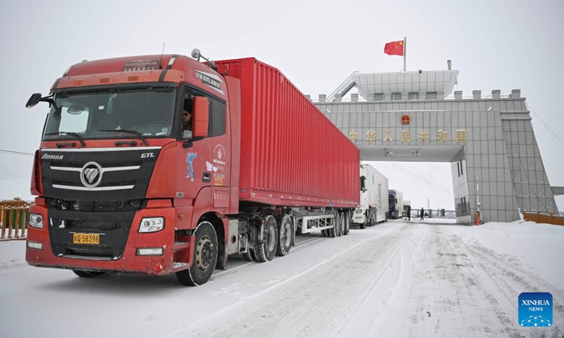 A truck drives through the Khunjerab Pass in Taxkorgan Tajik Autonomous County, northwest China's Xinjiang Uygur Autonomous Region, Jan. 2, 2025.