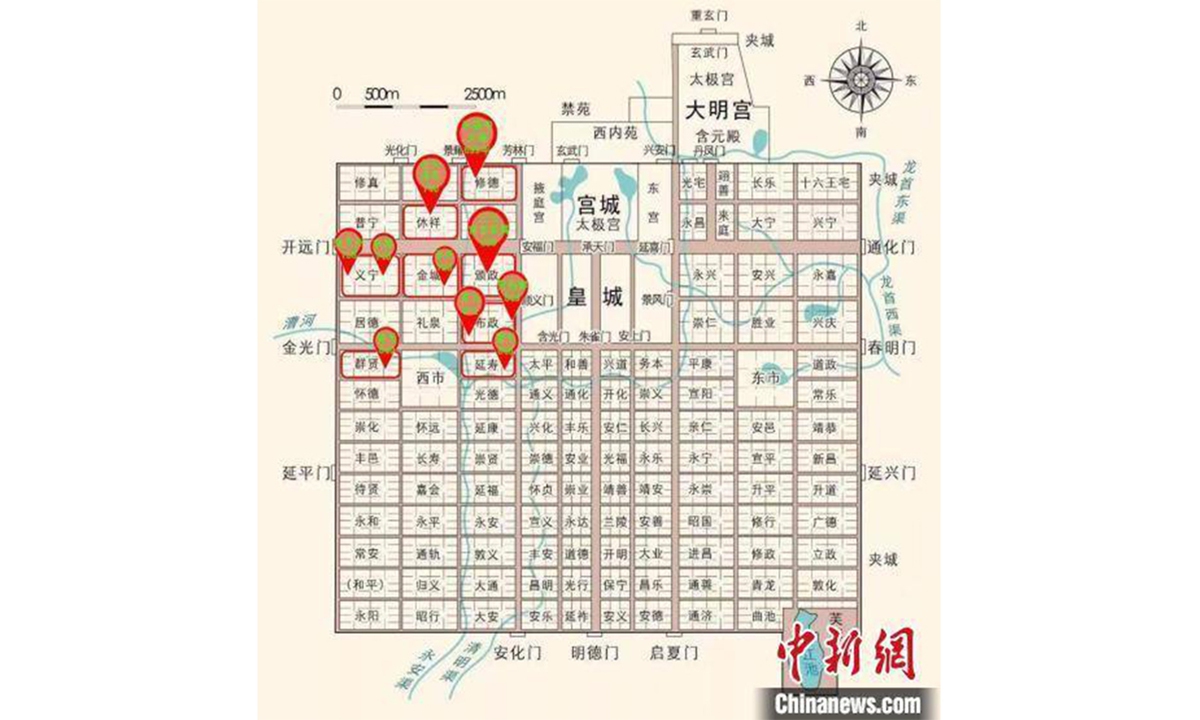 A map shows a neighborhood where the owners of the tombs lived. Photos: Courtesy of Xi'an Institute of Cultural Relics Protection and Archaeology 