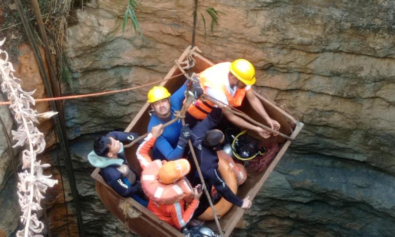 Rescue operation is carried out for workers trapped inside a coal mine, in Dima Hasao district of India's northeastern state of Assam, Jan. 7, 2025. At least nine workers were trapped after underground water gushed into the coal mine. (Str/Xinhua)