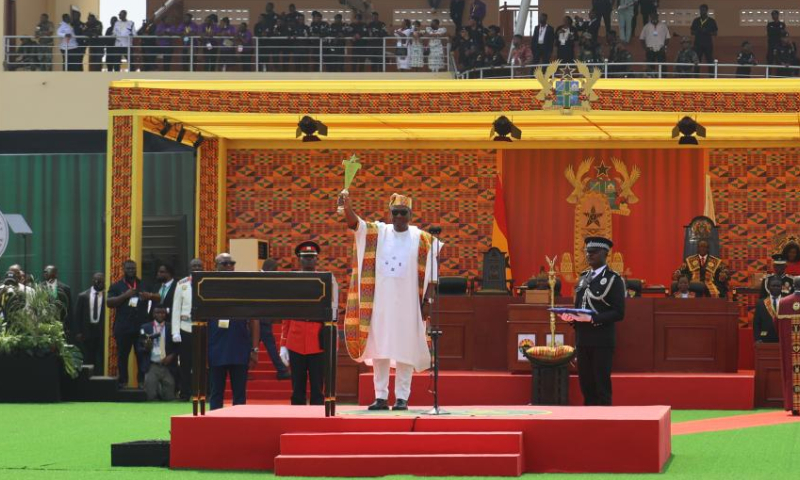 Ghanaian President John Dramani Mahama (C) attends the presidential inauguration at the Black Star Square in Accra, Ghana, Jan. 7, 2025.

Mahama took the oath of office on Tuesday after winning the presidential election in December last year. (Xinhua/Seth)