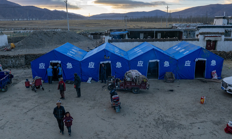 In this aerial drone photo, tents for earthquake-affected residents are pictured at a village in Lhaze County of Xigaze, southwest China's Xizang Autonomous Region, January 7, 2025. Photo: Xinhua