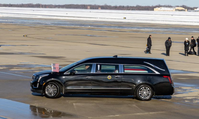 A presidential hearse carrying former U.S. President Jimmy Carter's coffin departs from Joint Base Andrews in Maryland, the United States, on Jan. 7, 2025. The body of former U.S. President Jimmy Carter, who recently passed away at the age of 100, arrived in Washington, D.C. on Tuesday. A presidential jet departed from Atlanta, Georgia, earlier in the day and landed at Joint Base Andrews in Maryland, just outside the capital, Tuesday afternoon. (Xinhua/Hu Yousong)