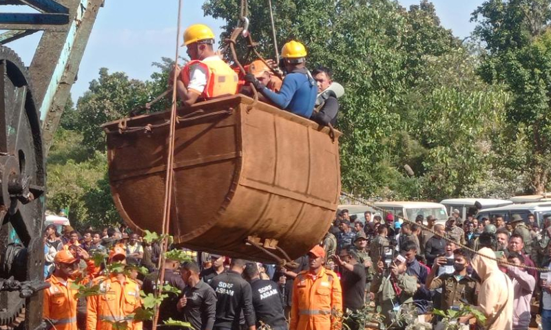 Rescue operation is carried out for workers trapped inside a coal mine, in Dima Hasao district of India's northeastern state of Assam, Jan. 7, 2025. At least nine workers were trapped after underground water gushed into the coal mine. (Str/Xinhua)