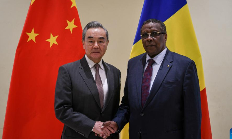 Chinese Foreign Minister Wang Yi (L), also a member of the Political Bureau of the Communist Party of China Central Committee, shakes hands with Chadian Foreign Minister Abderaman Koulamallah during their meeting in N'Djamena, Chad, on Jan. 8, 2025. (Xinhua/Han Xu)