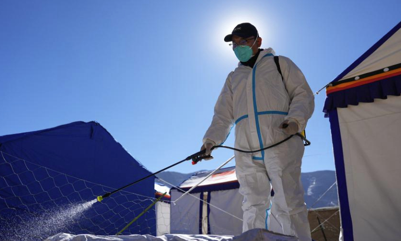 A medical worker carries out disinfection at a village in Dingri County in Xigaze, southwest China's Xizang Autonomous Region, Jan. 8, 2025.

The search-and-rescue effort has entered its final stage after a 6.8-magnitude earthquake struck Dingri County in southwest China's Xizang Autonomous Region on Tuesday morning, the regional government said on Wednesday.

The focus of work has shifted to the resettlement of quake-affected residents and post-disaster reconstruction, said Hong Li, head of the regional emergency management department at a press conference. (Xinhua/Jigme Dorje)