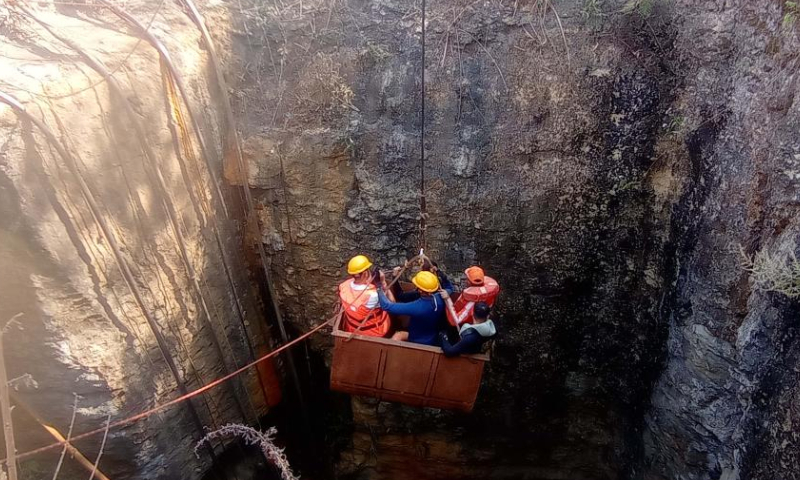 Rescue operation is carried out for workers trapped inside a coal mine, in Dima Hasao district of India's northeastern state of Assam, Jan. 7, 2025. At least nine workers were trapped after underground water gushed into the coal mine. (Str/Xinhua)