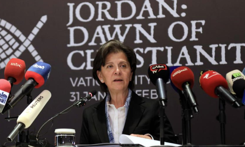 Jordan's Minister of Tourism and Antiquities Lina Annab speaks at a press conference in Amman, Jordan, on Jan. 8, 2025. Annab underscored the significance of the Chinese tourism market on Wednesday, describing it as one of the world's most promising sectors and a key target for Jordan's tourism strategy. (Photo by Mohammad Abu Ghosh/Xinhua)