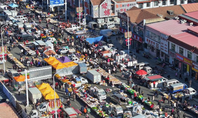 An aerial drone photo taken on Jan. 7, 2025 shows people visiting an open-air market in Ninghe District of north China's Tianjin Municipality. With a history of about 350 years, the market is one of the biggest countryside markets in Tianjin. (Xinhua/Sun Fanyue)